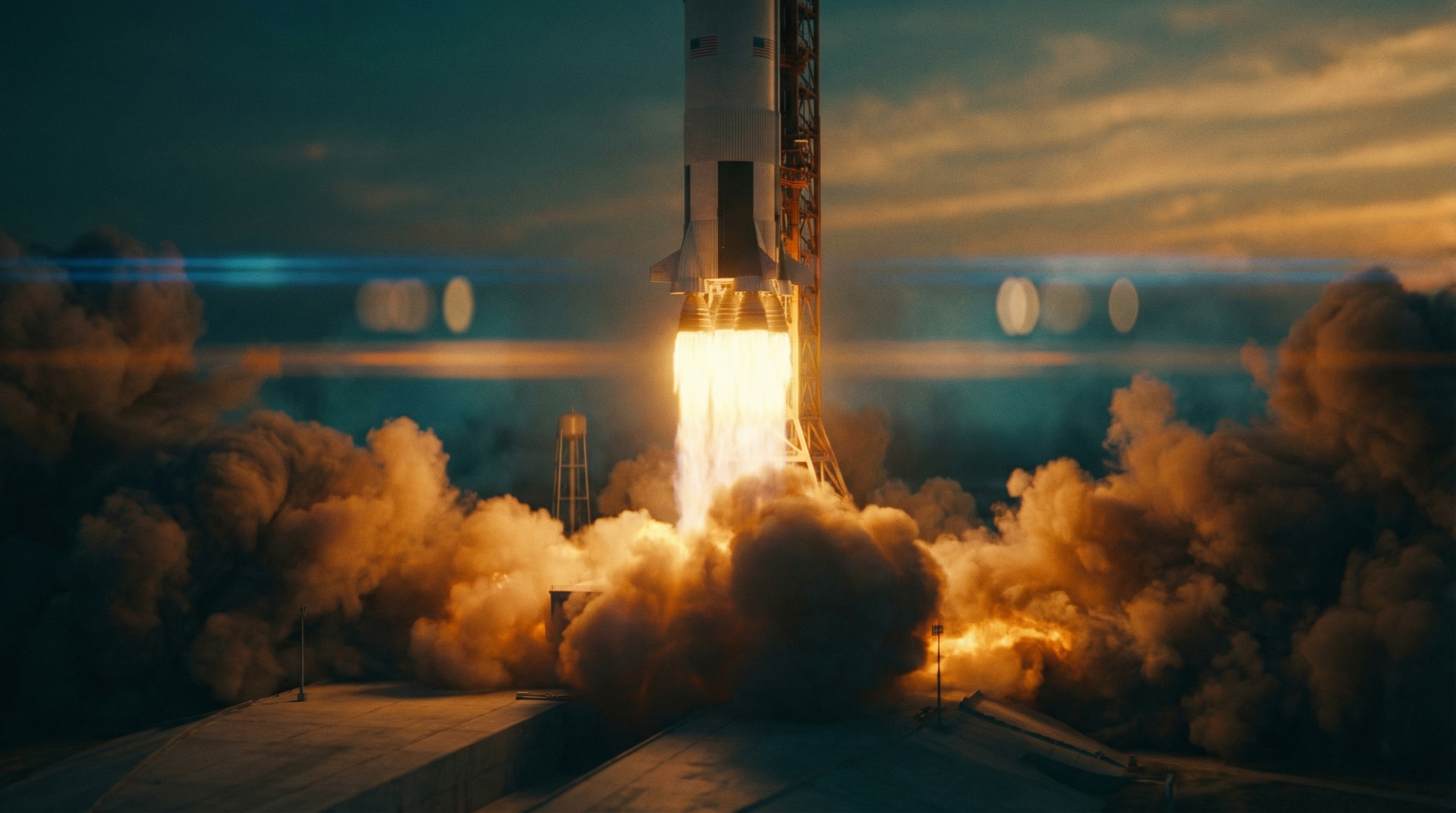 A massive rocket launches from the pad at sunset
