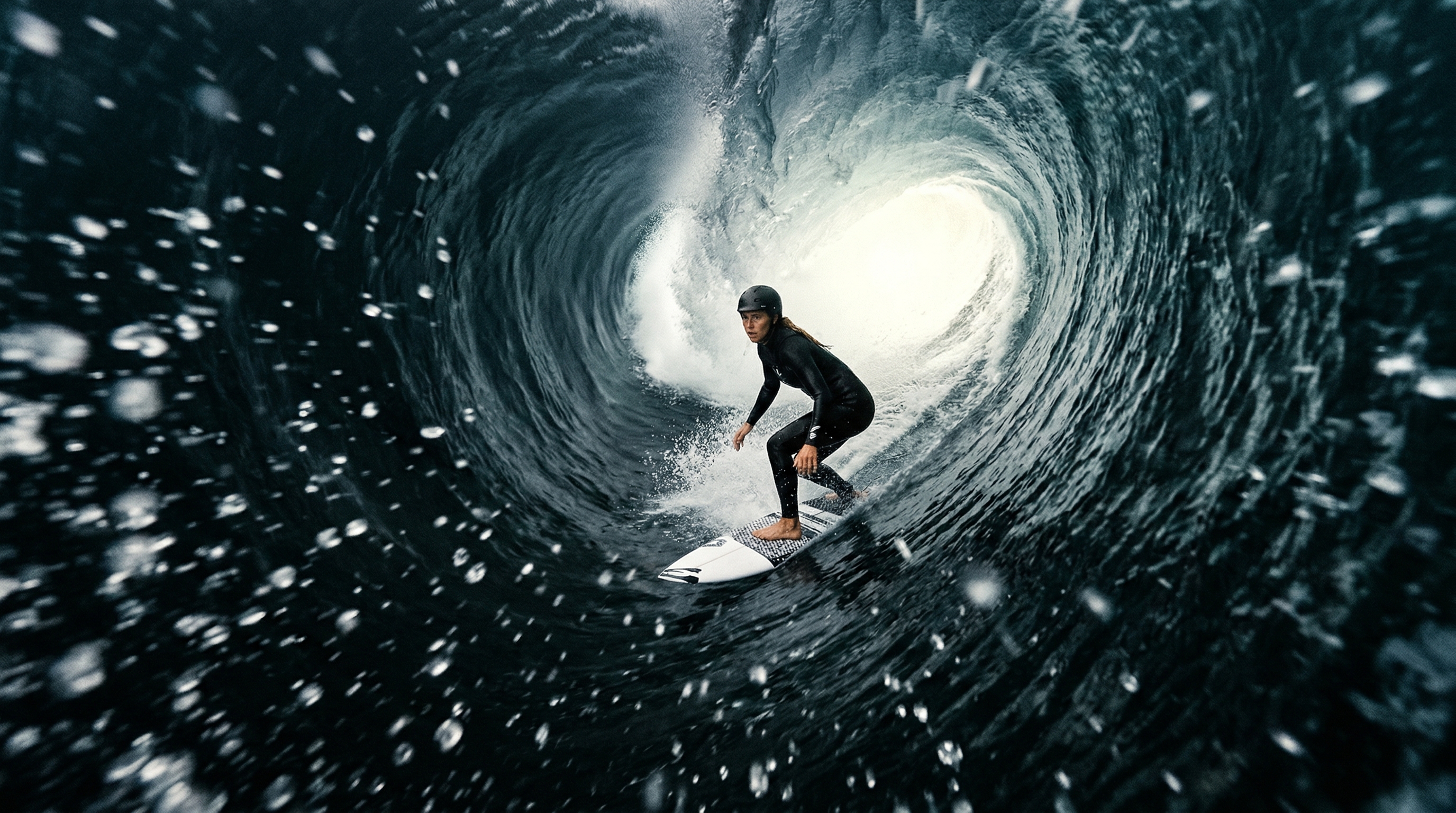 A surfer rides through the barrel of a massive wave