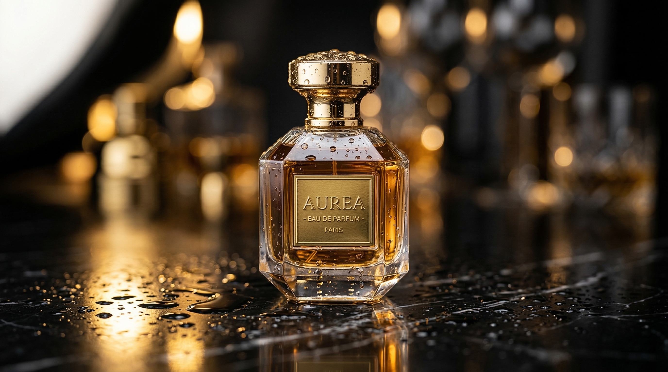 A premium perfume bottle on a black marble surface