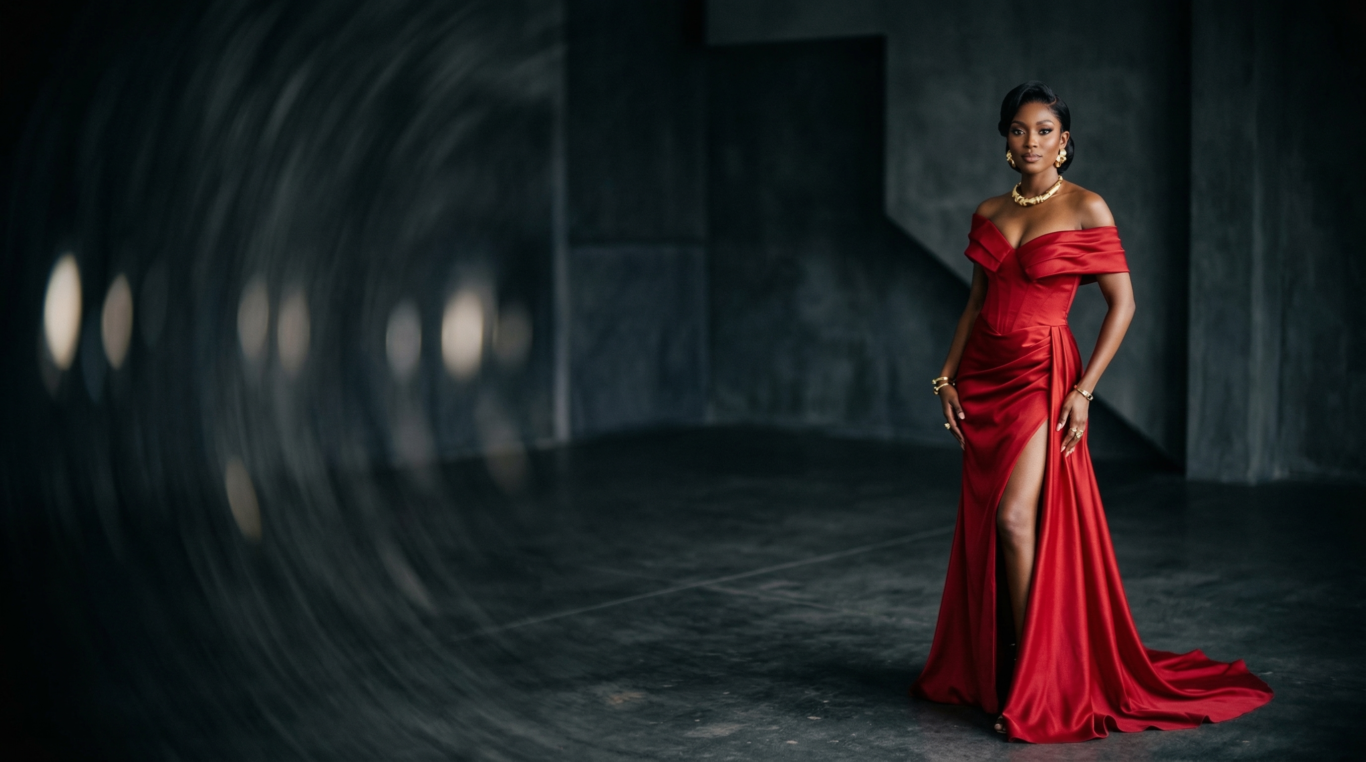 A woman in a red evening gown with gold jewelry